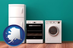 alaska map icon and major appliances on a hardwood floor