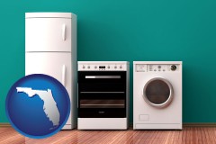 florida map icon and major appliances on a hardwood floor