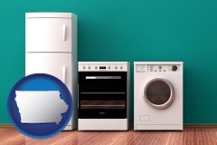 iowa map icon and major appliances on a hardwood floor