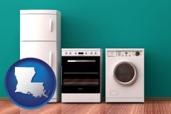 louisiana map icon and major appliances on a hardwood floor