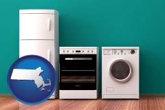 massachusetts map icon and major appliances on a hardwood floor
