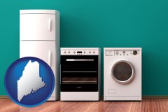 maine map icon and major appliances on a hardwood floor