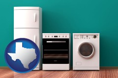 texas map icon and major appliances on a hardwood floor